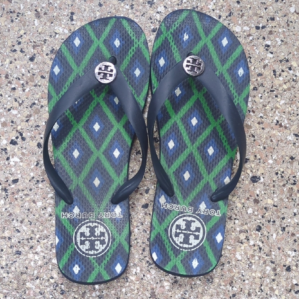 Tory Burch Black Strap Flip Flops with Green and Blue Pattern